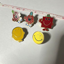 1977 Vintage Mr. Men Enamel Pin Lot Mr happy Mr Strong Mr Chatterbox Pins picture