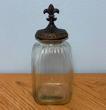 Vintage Fleur De Lis Clear Ribbed Glass Storage Canister Very Large 15.5