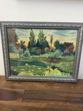 Vintage Framed Pond Landscape Art Work Lily Pads Sunset Ornate  Frame picture