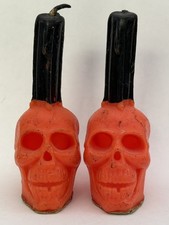 Vintage GURLEY Halloween Hollow Skull Candles ORANGE BLACK Pair 4” - 15¢ Labels picture