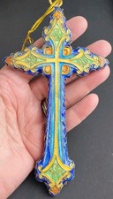 Vintage Enamel Cloisonne Cross Crucifix Pendant Ornament Blue Multicolor.  picture