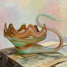Mid Century Vintage Sooner Art Glass Mint Green & Orange Hand Blown Swan Dish picture