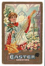 Antique Embossed Easter Postcard Religious Child Cross Lilies 1907 Posted picture