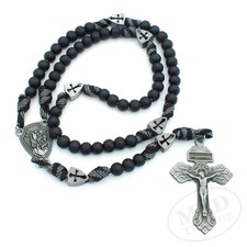 Saint St Michael Black Rosary Necklace – Large Paracord Wood Beads Design 26