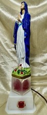 Our Lady of Lourdes Chalkware Statue On Lucite Rose Lamp Light Vintage picture