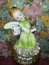 Vtg Ardalt Angel Girl In Green Dress Holding Lyre Harp Christmas Figurine Japan picture