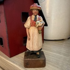 VTG ANRI Style Hand Carved Wood Figurine Tyrolean Woman with Flowers Folk Art picture