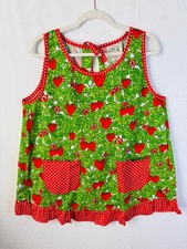 NOS VTG JUDY'S MADE IN JAPAN GREE&RED STRAWBERRY PRINT COTTAGECORE SMOCK APRON*M picture
