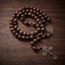 Handmade Catholic Wooden Rosary Necklace with St. Joseph Medal Cross picture