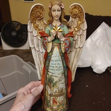 Vintage 2005 Roman, Inc Angel Statue Holding Star Resin / Wood Look 15.5