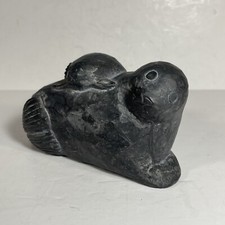 Vintage Black Soapstone Seal Mom And Pup Hand Carved Alaska Figurine Statue picture
