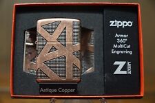 ANTIQUE COPPER GEOMETRIC DESIGN ARMOR 360 ENGRAVED ZIPPO LIGHTER MINT IN BOX picture