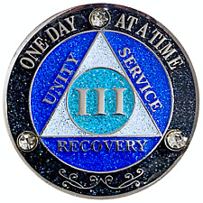 AA 3 Year Crystals & Glitter Medallion, Silver, Blue Color & 3 Crystals picture