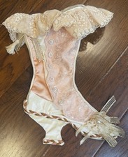 Vtg Victorian Heeled Boot Christmas Stocking Pink, Lace, Pearl, Coquet Style picture