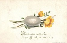 1880s-90s Egg & Yellow Flowers Christ Our Passover is Sacrificed Us Trade Card picture