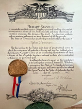 WWI 1921 Military Service Certificate State of Nebraska SIGNED by Gov. McKelvie picture