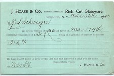 1890 J. HOARE & Co. Rich Cut Glassware Receipt Corning NY picture