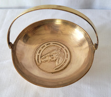 Vtg Solid Brass Bowl w/Handle Horse & Horseshoe Basket Pedestal Base India 4.5