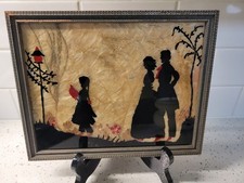 Vintage Reverse Painted Silhouette Artwork Victorian Couple and Child in Garden picture