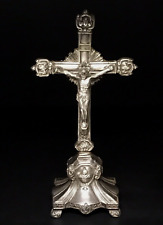 ANTIQUE ORNATE STANDING CRUCIFIX - SILVER PLATED METAL - 9