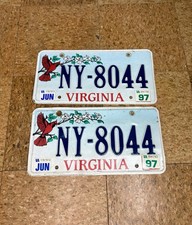 1997 Virginia Cardinal Red Bird Graphic License Plate Pair Matched Set NY-8044 picture