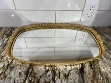 Vintage Mid Century Oval Mirror Tray Perfume Vanity Dresser Gold Filigree 16 7/8 picture