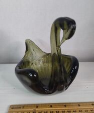 Swan Green Art Glass Candy Dish Bowl, Hand Blown Green Trinket Decor 7” Tall MCM picture