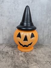 Vintage Halloween Blow Mold Lighted Pumpkin Wearing Witch Hat 14” Light Up RARE picture