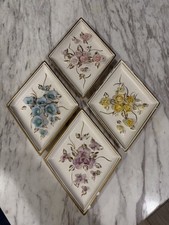 Vintage Lefton Japan 2780 Floral Wall Plaques Set 4 3D Flowers Gold MCM picture