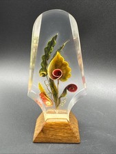 VTG MCM Floral Flower Acrylic Lucite Paperweight Wood Base picture