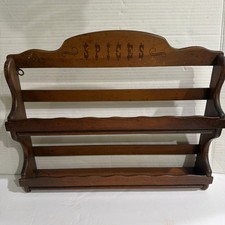 Vintage Two Tier Wall Mount Wooden Spice Rack Dark Brown Green Wording 12.5x 16