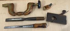 Lot of Old Antique Tools Gouge Chisels Rosewood Rabbet Plane Wood & Brass Brace picture