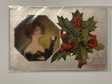 1907-1915 Merry Christmas Vintage Postcard Silver Gilt, Holly, Elegant Women picture