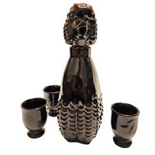Vintage Black Poodle BOURBON Decanter 3 Shot Glasses Relco Japan Red Clay 1950s picture