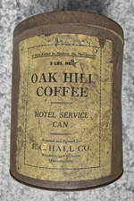 Vintage FIVE POUND tin OAK HILL COFFEE can PAPER LABEL Brockton Hyannis EC HALL picture