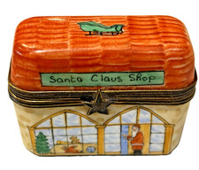 LIMOGES PEINT MAIN Trinket Box Santa Claus Toy Shop Store Front-Sleigh on Roof picture