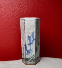 Octagon Bud VASE  Stoneware Pottery Gray Glaze Blue Floral 5.5 in Signed picture