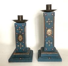 Pair of Vintage Wooden Mexican Folk Art Altar Candles with Milagros picture
