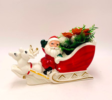 Vtg. Brinn's Santa Sleigh Planter Ceramic Christmas Reindeer Japan Mid Century picture