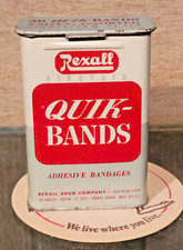1950s REXALL FIRST AID QUIK-BANDS BANDAGES HINGED LID TIN CAN picture