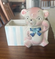 Vintage NEIDCO Japan Bear Planter Pink Blue Nursery Vanity Holder 1960s picture