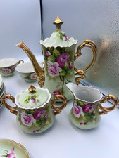 Lefton 3071 Porcelain Tea Set Green Pink Gold Teapot Cups Saucers picture