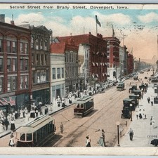 c1920s Davenport, IA Second St from Brady Streetcar Postcard Busy Down Town View picture
