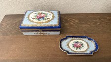 Antique French Porcelain And Brass Trinket Box & Small Tray picture