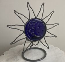Vintage Metal Glass Cobalt Blue Moon & Star Celestial Candle Holder picture