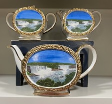 Vtg Sadler Niagara Falls Barrel Teapot (No Lid) Creamer & Sugar Bowl Handpainted picture