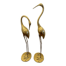 Vintage 2 Mid Century Brass Crane Egret Heron Stork Birds Statue Figurine 31” T picture