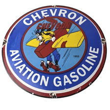 Vintage Chevron Gasoline Sign - Airplane Cartoon Aviation Gas Ad Porcelain Sign picture