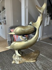 Vintage Mid Century ModernSolid Brass Double DolphinSwimming Art Sculpture Large picture