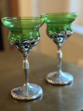 ART DECO FARBER BROTHERS KROME KRAFT Goblets Cocktail Wine Glass GREEN ANTIQUE  picture